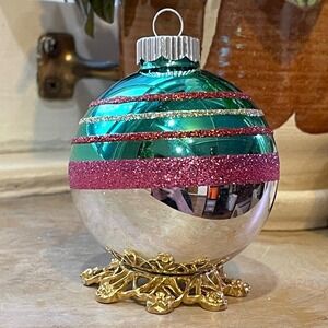 3" Radko Shiny Brite Glitter Striped Ornament Ball Red Pink Teal Blue Silver Mcm
